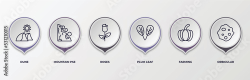 infographic template with outline icons. infographic for nature concept. included dune, mountain pse, roses, plum leaf, farming, orbicular editable vector.