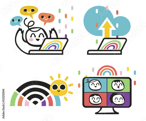 Série d'illustrations mignonnes, bonheur au travail, décoration arc-en-ciel, personnage en télétravail sur son ordinateur, wi-fi et soleil, bonne humeur, réunion entre collègues, sauvegarde de données