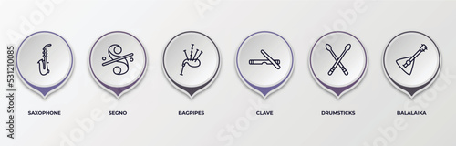 infographic template with outline icons. infographic for music and media concept. included saxophone, segno, bagpipes, clave, drumsticks, balalaika editable vector.