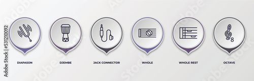 infographic template with outline icons. infographic for music and media concept. included diapason, djembe, jack connector, whole, whole rest, octave editable vector.