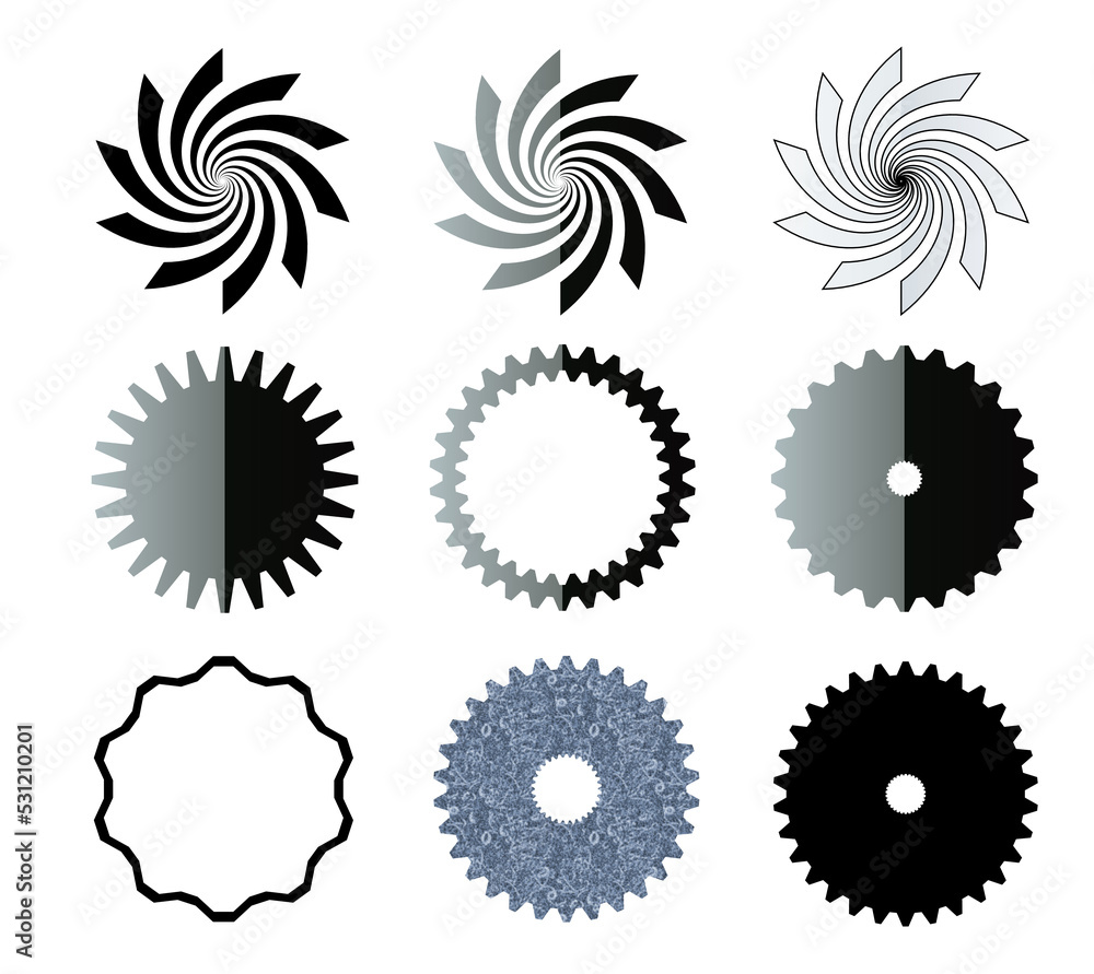 Vortex, stars and gears shapes png collection, clipart over transparent background