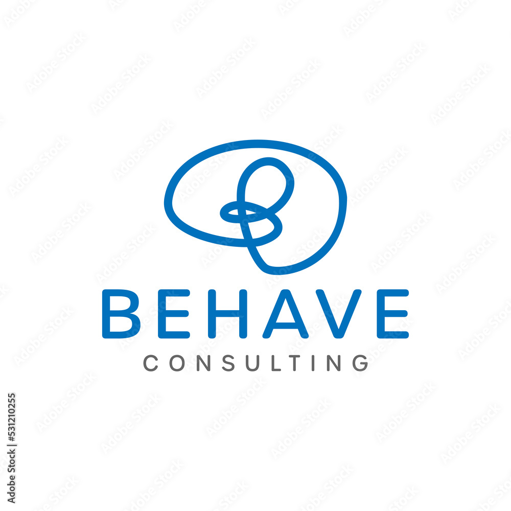 Line Art Logo Design Template Vector Letter B and Brain Shape for Psychology.  Abstract Symbol for Mental Health Care.