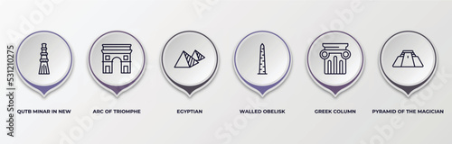 infographic template with outline icons. infographic for monuments concept. included qutb minar in new delhi, arc of triomphe, egyptian, walled obelisk, greek column, pyramid of the magician