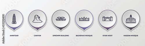 infographic template with outline icons. infographic for monuments concept. included amritsar, canyon, dpr/mpr building, badshahi mosque, stari most, hassan mosque editable vector.