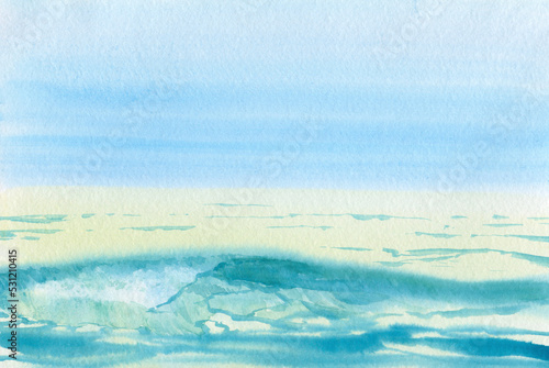 Fototapeta Naklejka Na Ścianę i Meble -  Abstract sea landscape. Watercolor sea with a wave in the foreground.