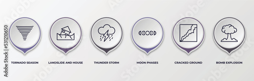 infographic template with outline icons. infographic for meteorology concept. included tornado season, landslide and house, thunder storm, moon phases, cracked ground, bomb explosion editable
