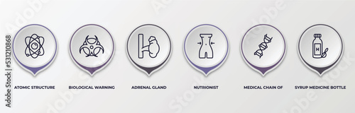 infographic template with outline icons. infographic for medical concept. included atomic structure, biological warning, adrenal gland, nutrionist, medical chain of dna, syrup medicine bottle