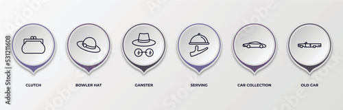 infographic template with outline icons. infographic for luxury concept. included clutch, bowler hat, ganster, serving, car collection, old car editable vector.