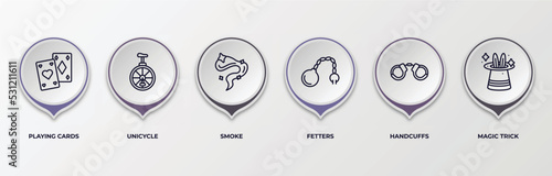 infographic template with outline icons. infographic for magic concept. included playing cards, unicycle, smoke, fetters, handcuffs, magic trick editable vector.