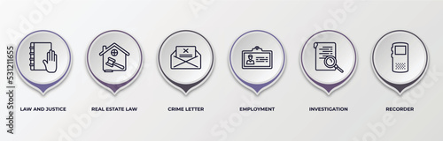 infographic template with outline icons. infographic for law and justice concept. included law and justice, real estate law, crime letter, employment, investigation, recorder editable vector.