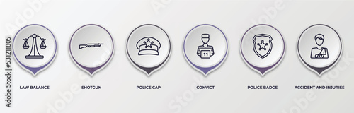 infographic template with outline icons. infographic for law and justice concept. included law balance, shotgun, police cap, convict, police badge, accident and injuries editable vector.
