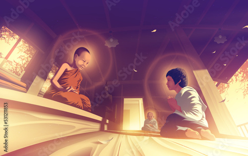 a holy novice is preaching dharma with a holy little nun in a sermon hall.
