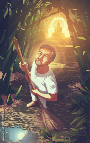 male practitioner is sweeping leaves at the path for meditation and feeling overwhelmed with tears caused by got enlightenment to be an arahant