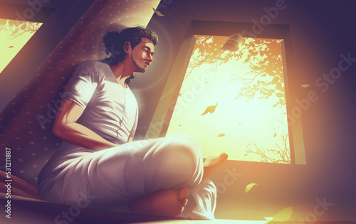 a male monk is considering TriLakshana of a dry leaf in her hand