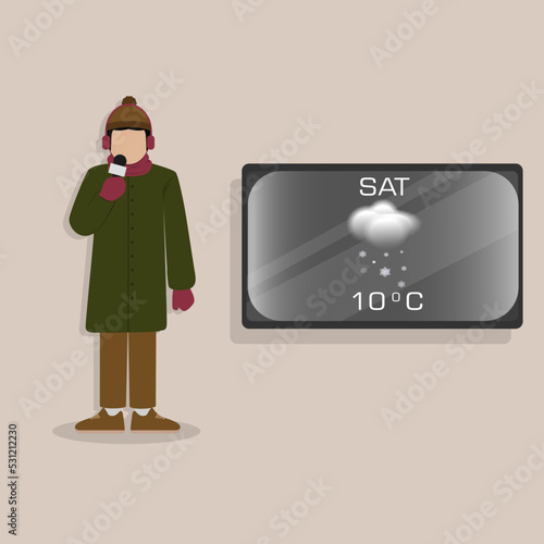 reporter illustration forecasting the weather on television or digital media in winter, flat design vector