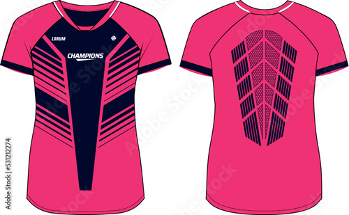 Women Sports Jersey t-shirt design Flat sketch Illustration, abstract stripe pattern V Neck t shirt for Ladies Volleyball jersey, Football, badminton, Soccer and netball, Sport uniform kit