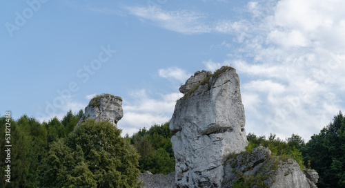 Limestone rocks near Ogrodzieniec medieval ruined castle in Podzamcze, Ogrodzieniec, Poland. Part of Trail of the Eagles' Nests.