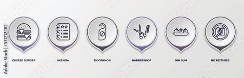 infographic template with outline icons. infographic for hotel and restaurant concept. included cheese burger, agenda, doorknob, barbershop, dim sum, no pictures editable vector.