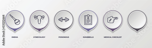 infographic template with outline icons. infographic for health and medical concept. included enema, gynecology, poisonous, dumbbells, medical checklist, injury editable vector.