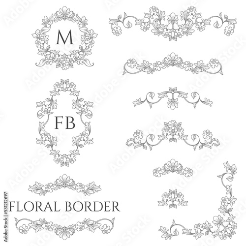 Set of vintage corners, borders and monogram frames. Contour drawing of flowers and leaves. Floral classic decorative elements.