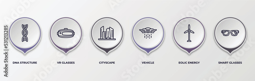infographic template with outline icons. infographic for future technology concept. included dna structure, vr glasses, cityscape, vehicle, eolic energy, smart glasses editable vector.