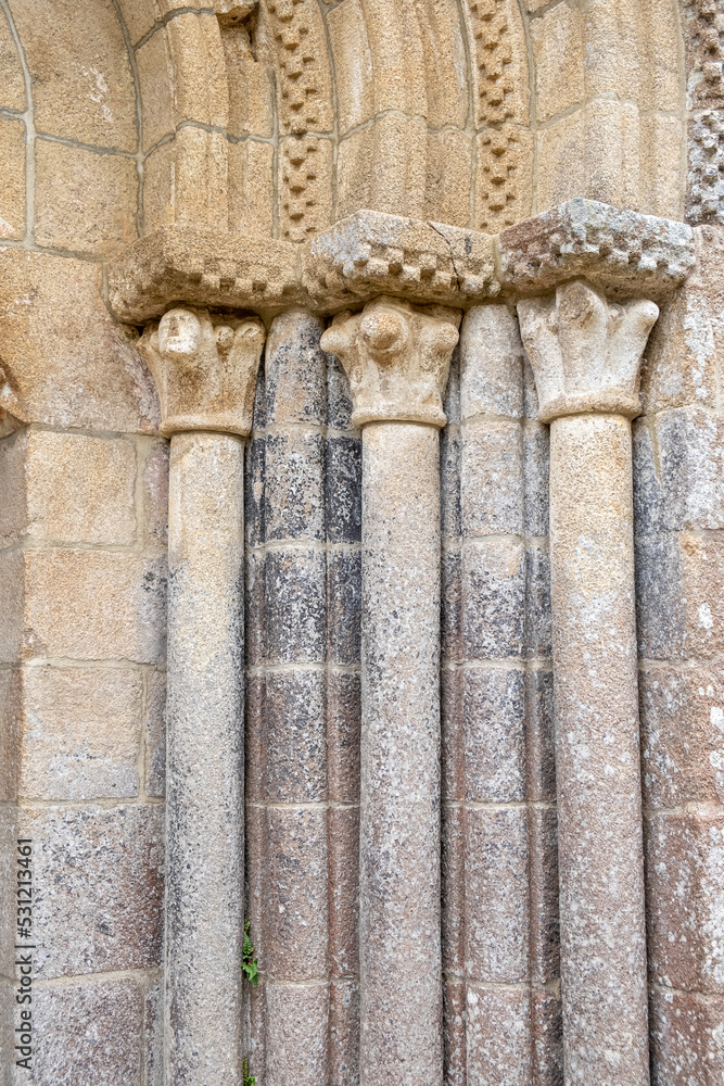 Detail of the door of the church of the medieval Romanesque monastery of Santa Cristina de Ribas de Sil. Ribeira Sacra, World Heritage Site in Galicia, Spain