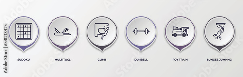 infographic template with outline icons. infographic for free time concept. included sudoku, multitool, climb, dumbell, toy train, bungee jumping editable vector.