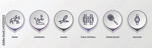 infographic template with outline icons. infographic for free time concept. included riding, gardening, baking, table football, tennis racket, watches editable vector.