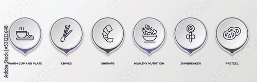 infographic template with outline icons. infographic for food concept. included warm cup and plate, chives, shrimps, healthy nutrition, jawbreaker, pretzel editable vector.