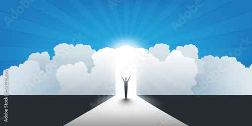 New Possibilities, Hope, Dreams - Business, Solutions Finding or Reaching Heaven Concept - Man Standing in Front of a Door Under a Cloudy Sky, Rays of Light at the End of the Road