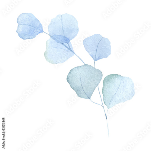 Watercolor blue branches with leaves. Greenery leaf hand-painted isolated. Can be used as being an element in the decorative design of invitation  wedding or greeting cards.