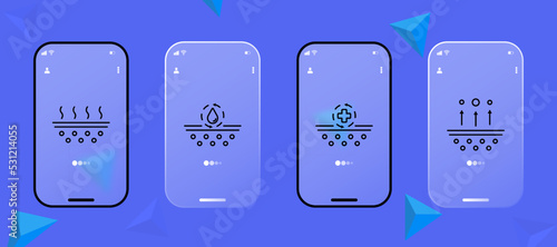 Skin care set icon. Evaporation, dehydration water drop, moisturizing, cross, up arrow, dermatology, sebum acne, clean pore, pimple, blackhead. Cosmetology concept. UI phone app screens. Glassmorphism