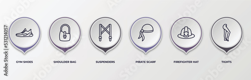 infographic template with outline icons. infographic for fashion concept. included gym shoes, shoulder bag, suspenders, pirate scarf, firefighter hat, tights editable vector.