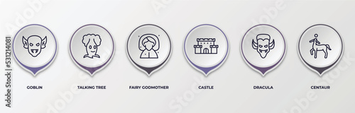 infographic template with outline icons. infographic for fairy tale concept. included goblin, talking tree, fairy godmother, castle, dracula, centaur editable vector.