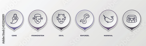 infographic template with outline icons. infographic for fairy tale concept. included genie, frankenstein, devil, rapunzel, narwhal, editable vector.