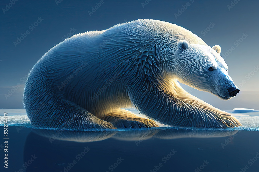 Fototapeta premium Polar bear on iceberg on drift ice in Antarctica nature habitat. Wildlife scene from nature and animal behavior in Antarctica. White bear, Ursus maritimus species. 3D illustration and digital painting