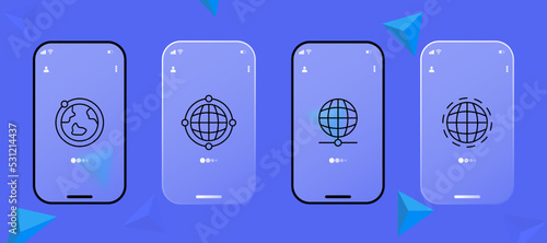 Geography set icon. Globe, world, orbit, axis, equator earth, setting, sphere, geolocation, cosmos, universe. Topography concept. UI phone app screens. Glassmorphism. Vector line icon for Business