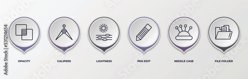 infographic template with outline icons. infographic for edit tools concept. included opacity, calipers, lightness, pen edit, needle case, file folder editable vector.