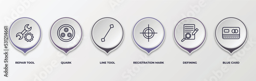 infographic template with outline icons. infographic for edit tools concept. included repair tool, quark, line tool, registration mark, defining, blue card editable vector.