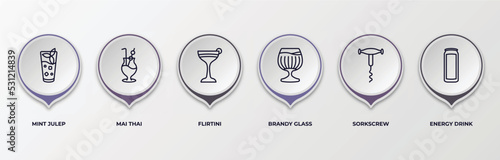 infographic template with outline icons. infographic for drinks concept. included mint julep, mai thai, flirtini, brandy glass, sorkscrew, energy drink editable vector.