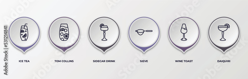 infographic template with outline icons. infographic for drinks concept. included ice tea, tom collins, sidecar drink, sieve, wine toast, daiquiri editable vector.