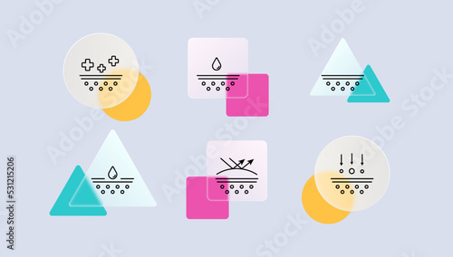 Skin protection set icon. Moisturizing, hand cream, mask for face, acne treatment, antiseptic, seasonal allergies, moisture. Scin care concept. Glassmorphism style. Vector line icon for Business