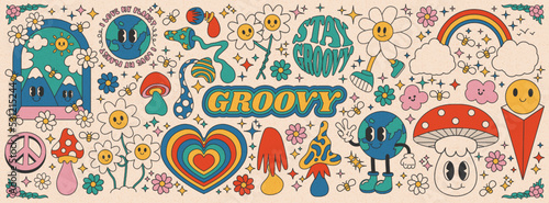 фотография Collection of vintage groovy elements and characters
