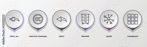 infographic template with outline icons. infographic for content concept. included reply all, creative commons, reply, drawer, nodes, thumbnails editable vector.