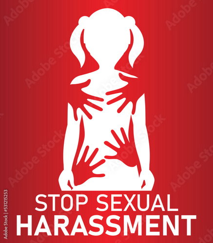 Sexual harassment concept. Woman and mans hands. Stop abuse, against violence vector background. Stop harassment and abuse, no sexual violence illustration.