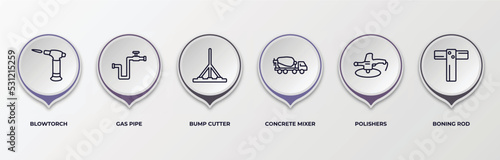 infographic template with outline icons. infographic for construction tools concept. included blowtorch, gas pipe, bump cutter, concrete mixer, polishers, boning rod editable vector.