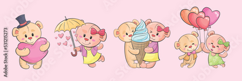 Cute teddy bears couple valentine hand drawn watercolor cartoon illustration
