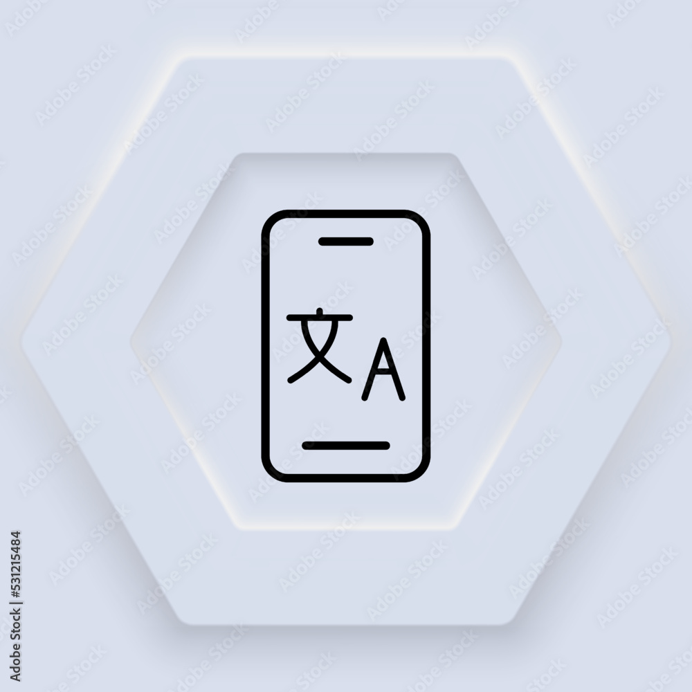 Phone with translator app line icon. Translation service, speech bubble, different languages, interpreter, app. Polyglot concept. Neomorphism style. Vector line icon for Business and Advertising Phone with translator app line icon. Translation service, speech bubble, different languages, interpreter, app. Polyglot concept. Neomorphism style. Vector line icon for Business and Advertising