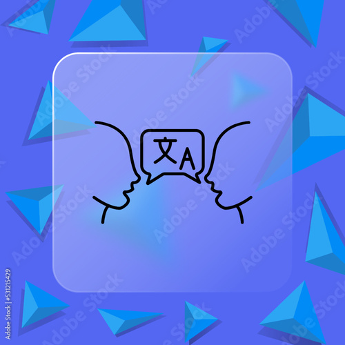 Two people with translator line icon. Translation service, speech bubble, different languages, interpreter, app. Polyglot concept. Glassmorphism style. Vector line icon for Business and Advertising