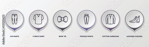 infographic template with outline icons. infographic for clothes concept. included chi pants, v neck shirt, bow tie, pegged pants, cotton cardigan, leather chelsea boots editable vector.